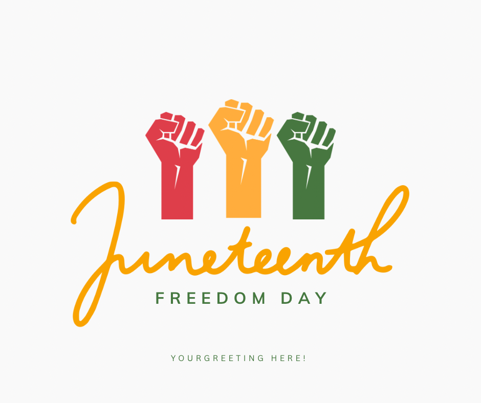 Colorful graphic of three raised fists with 'Juneteenth Freedom Day' text on a white background