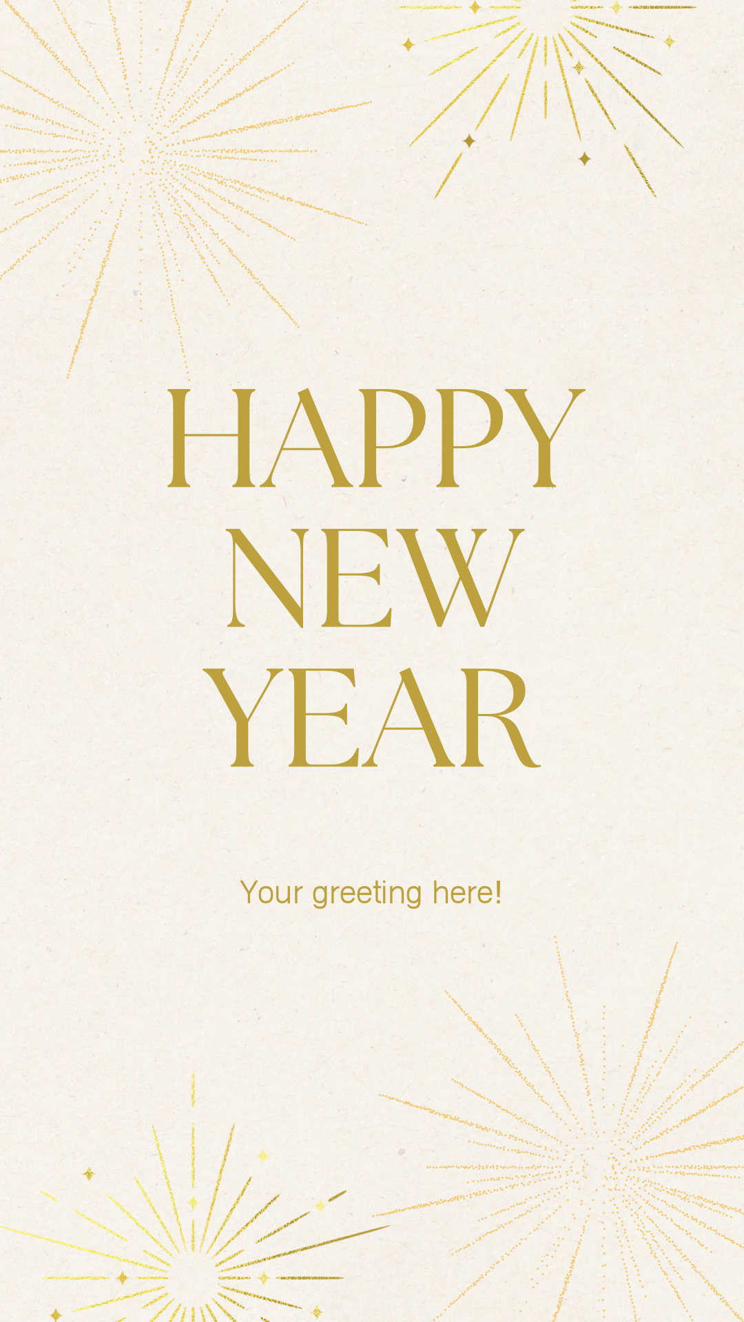 Happy New Year card with gold text and starburst designs on a light background