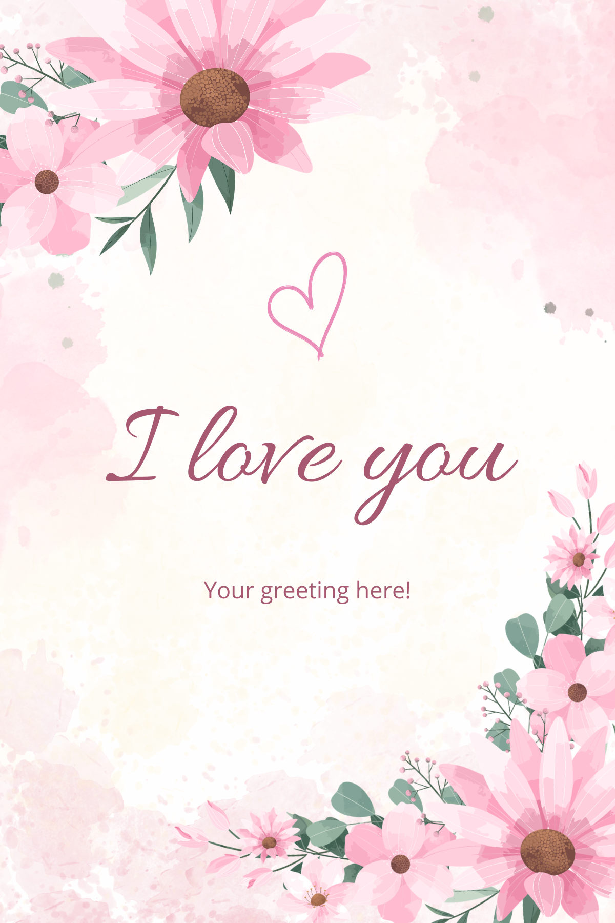 Floral design with 'I love you' text on a pink background