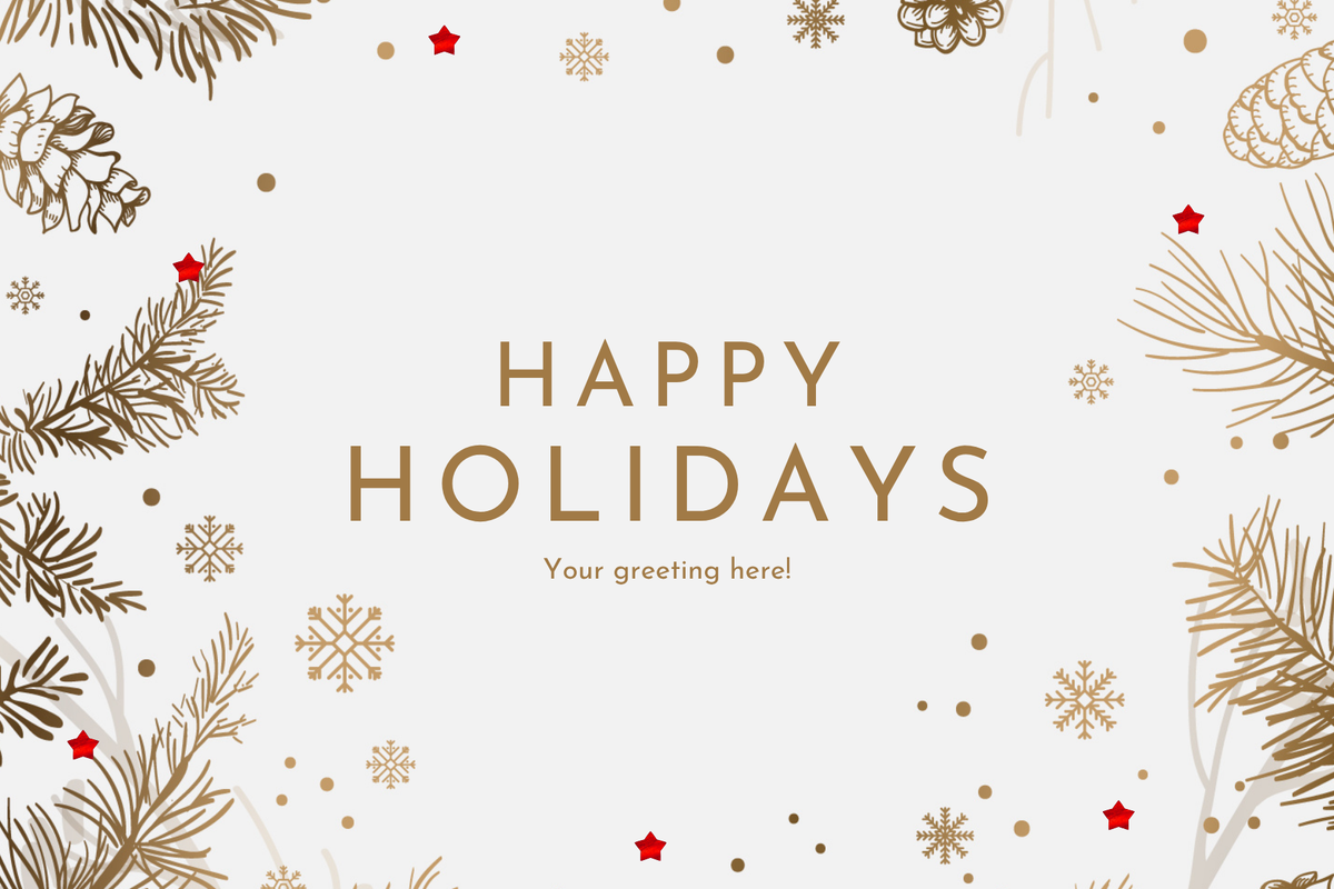 Happy Holidays card with gold and red festive elements on a white background