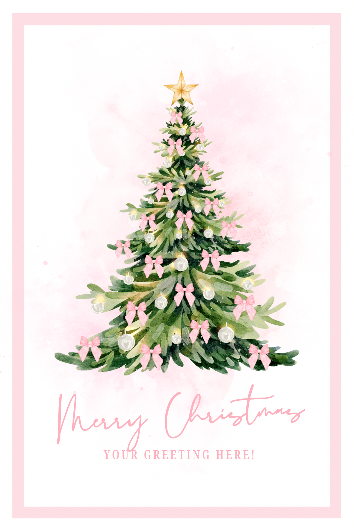 Christmas card with a decorated Christmas tree and 'Merry Christmases' text on a pink background.