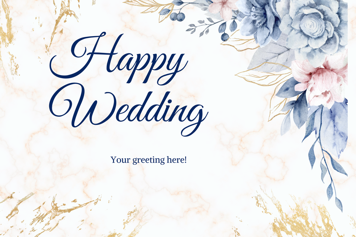 Happy Wedding card with floral design and space for text on a marble background