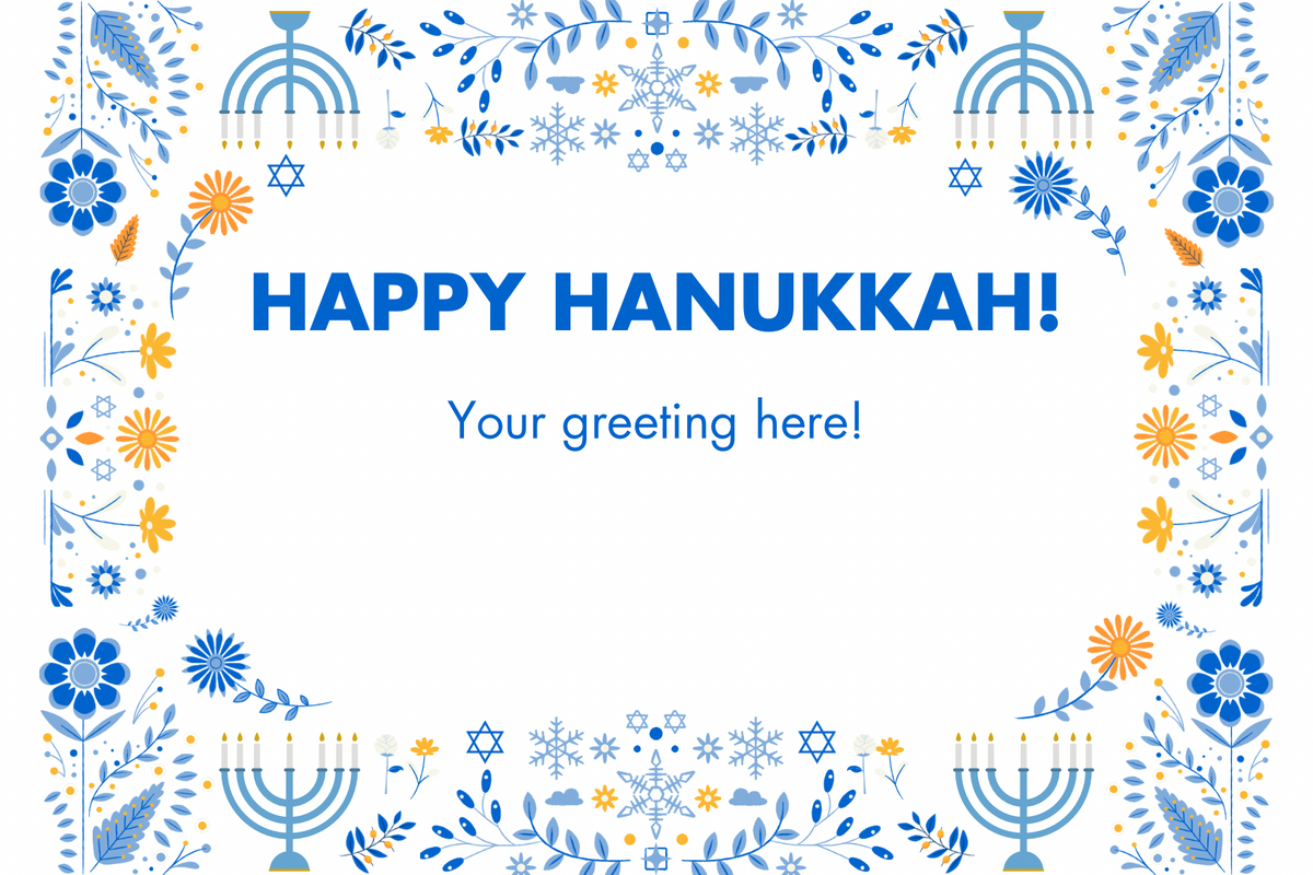 Hanukkah greeting card with decorative elements and space for a personalized message.