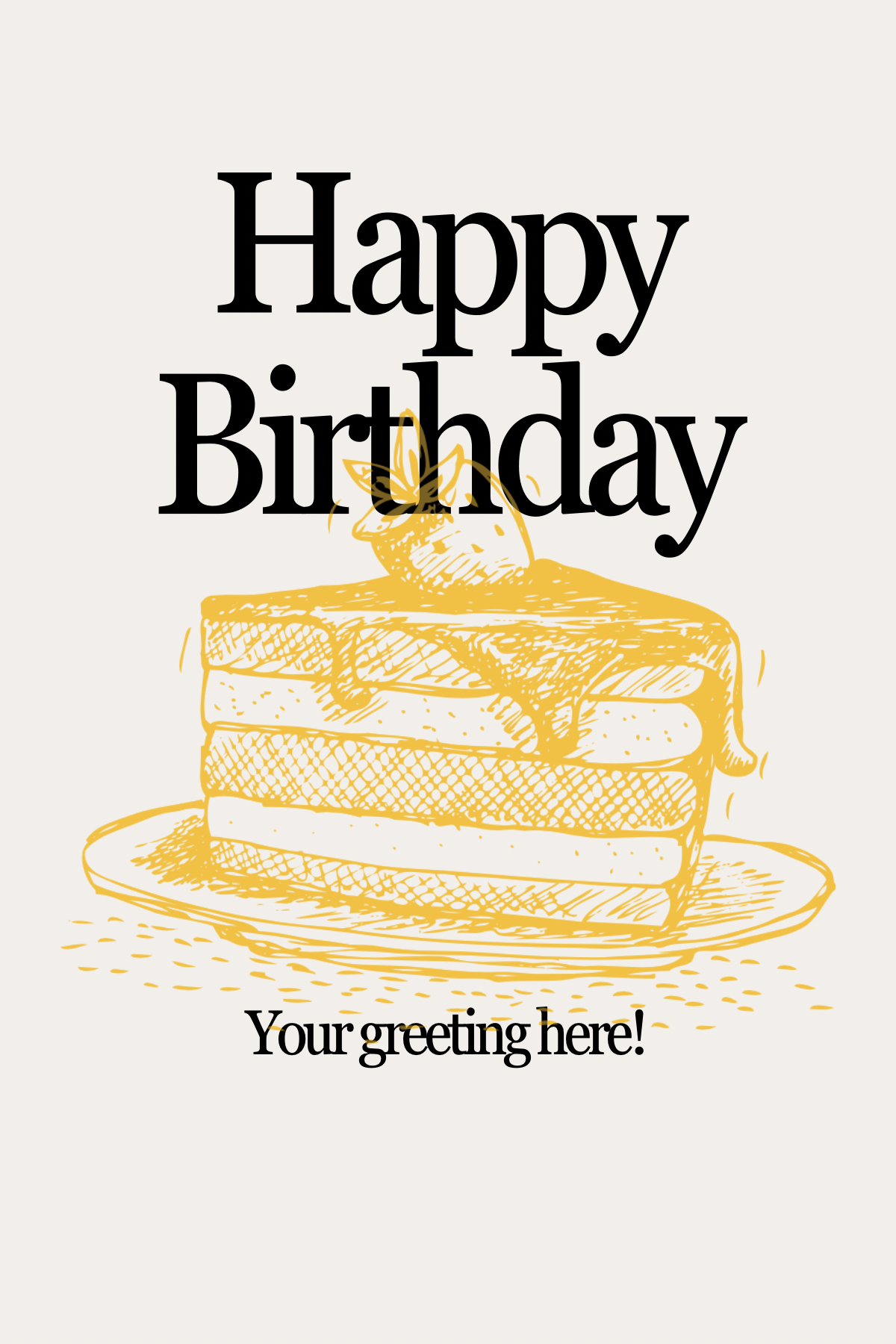 Happy Birthday card with a yellow cake illustration on a white background