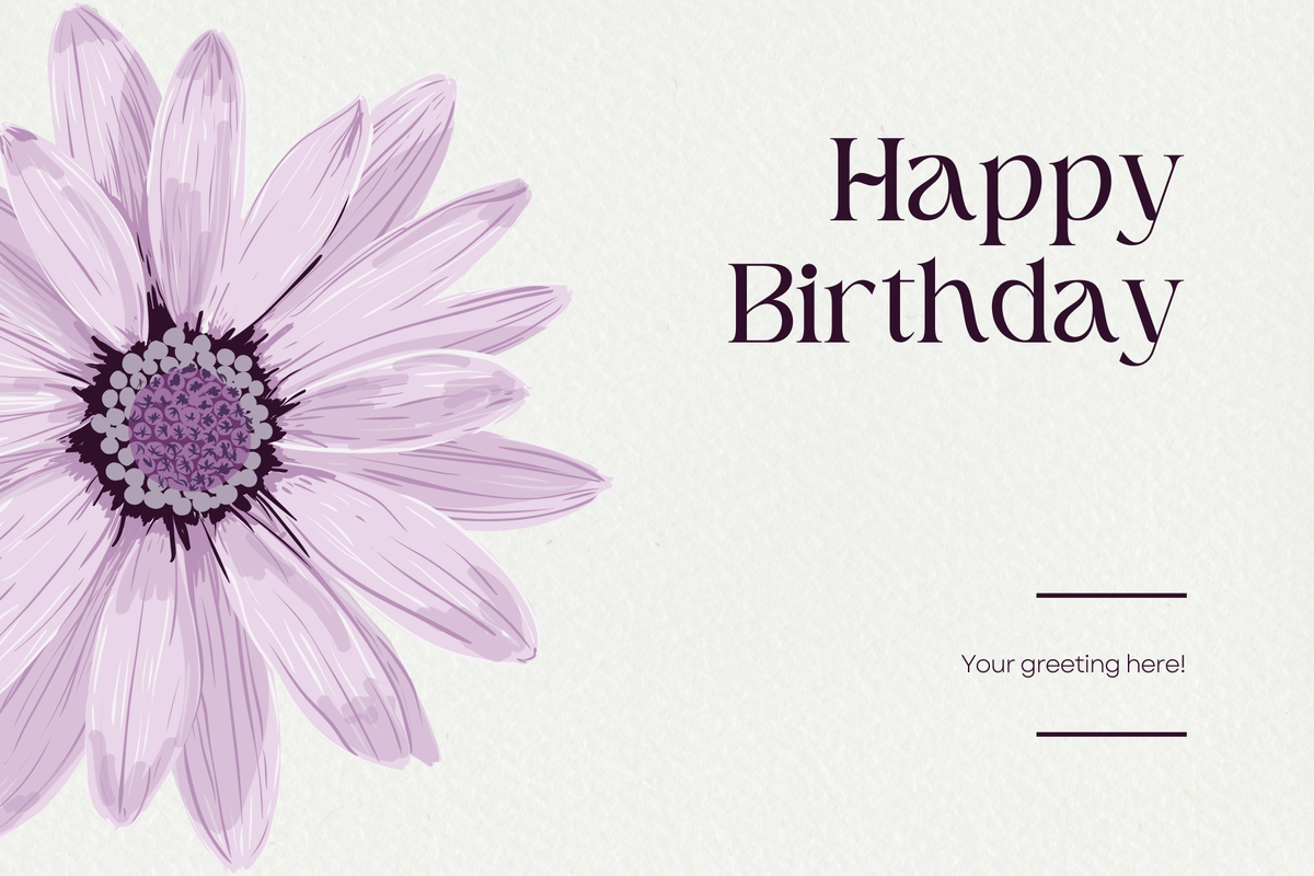 Purple flower on a white background with 'Happy Birthday' text