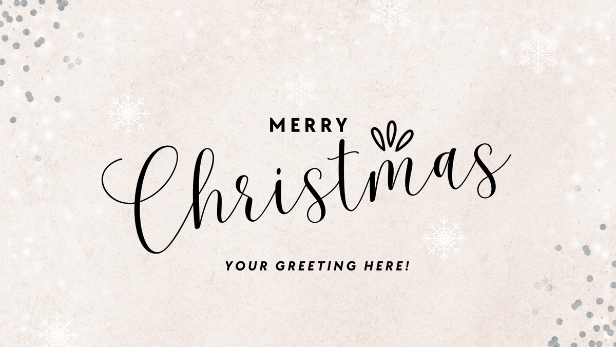 Merry Christmas message on a light pink background with silver confetti