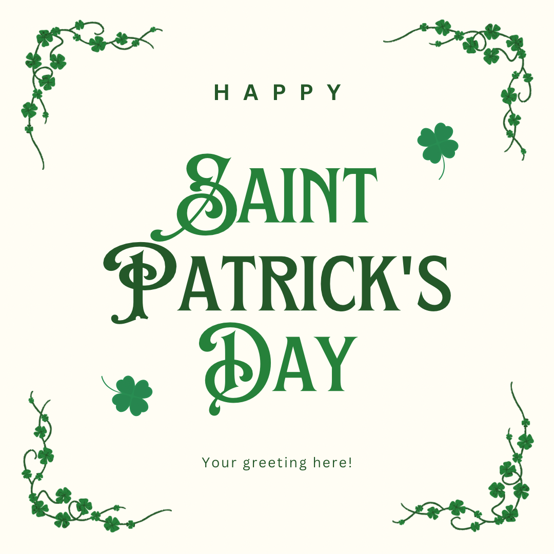 St. Patrick's Day greeting card with decorative elements and customizable text area.